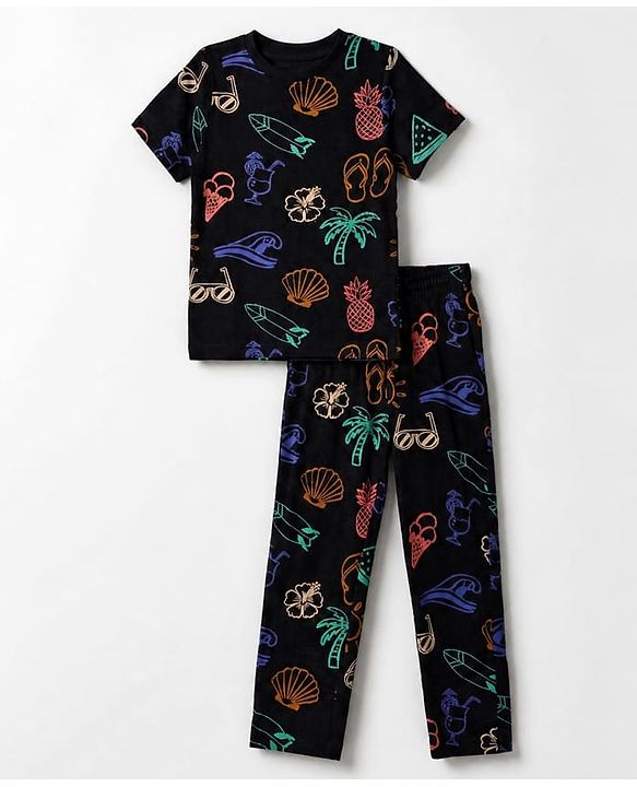 Pine Kids Cotton Knit Half Sleeves Co-Ords T-Shirt & Pyjama Night Suit with Floral Tropical & Beach Theme Print - Black