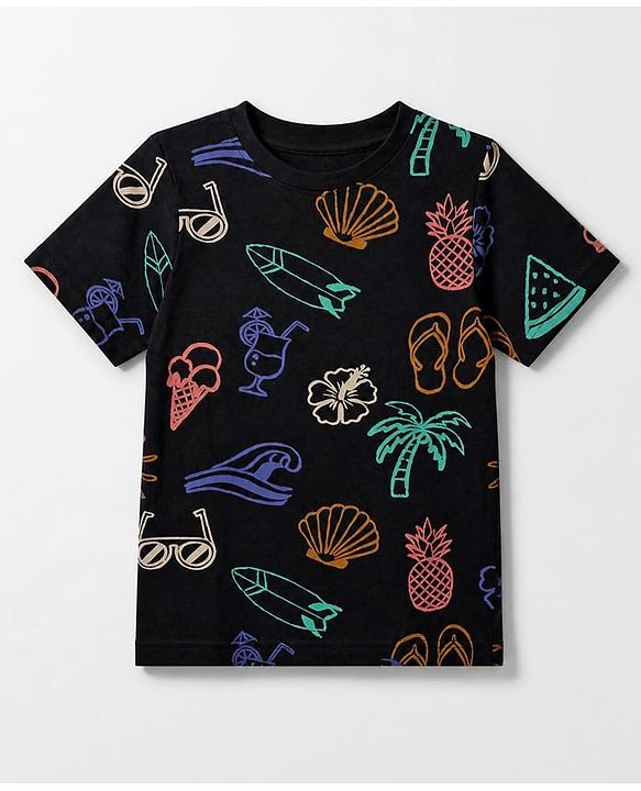 Pine Kids Cotton Knit Half Sleeves Co-Ords T-Shirt & Pyjama Night Suit with Floral Tropical & Beach Theme Print - Black