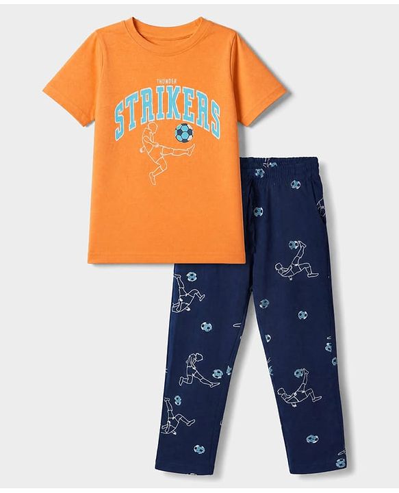 Pine Kids Cotton Knit Half Sleeves T-Shirt & Pyjama Night Suit with Thunder Striker Print - Orange