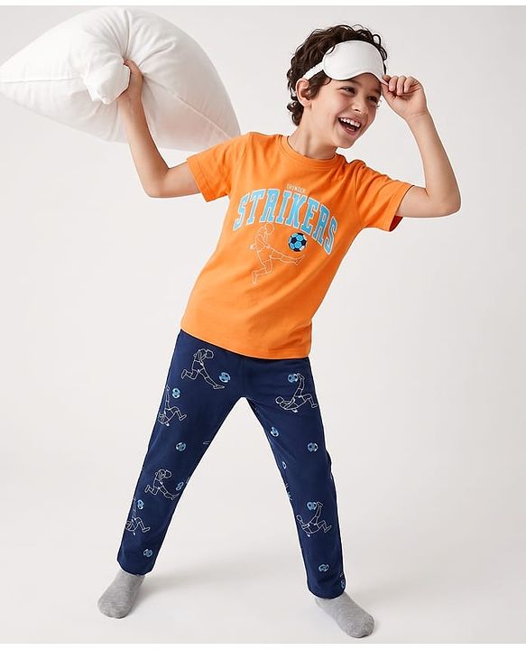 Pine Kids Cotton Knit Half Sleeves T-Shirt & Pyjama Night Suit with Thunder Striker Print - Orange