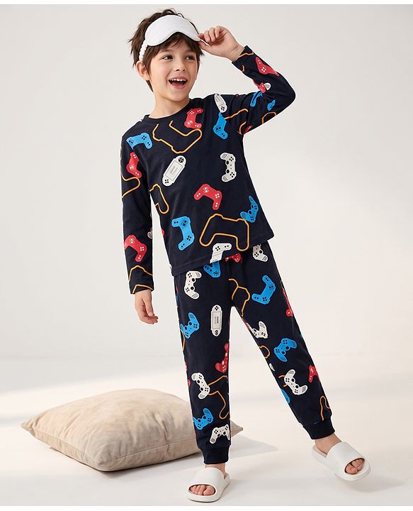 Pine Kids 100% Cotton Single Jersey Knit Full Sleeves Co-Ords T-Shirt & Pyjama Night Suit with Bio Wash & Gaming Print - Black