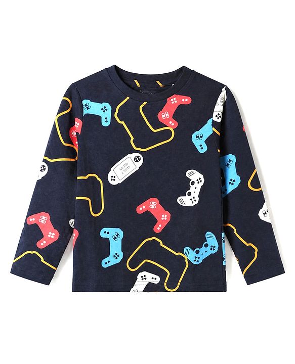 Pine Kids 100% Cotton Single Jersey Knit Full Sleeves Co-Ords T-Shirt & Pyjama Night Suit with Bio Wash & Gaming Print - Black