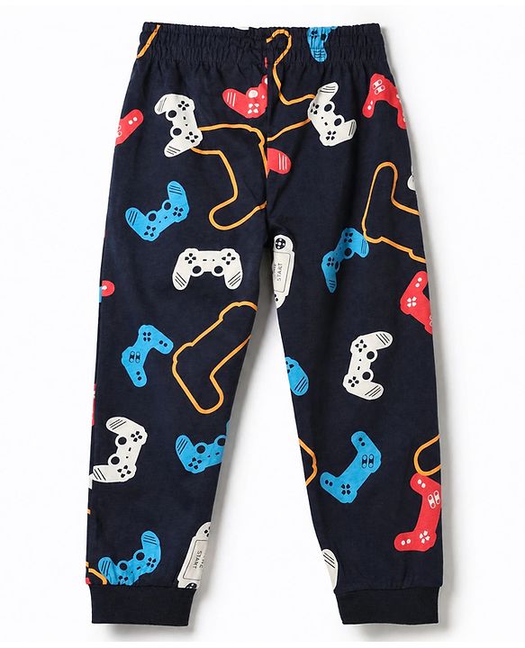 Pine Kids 100% Cotton Single Jersey Knit Full Sleeves Co-Ords T-Shirt & Pyjama Night Suit with Bio Wash & Gaming Print - Black