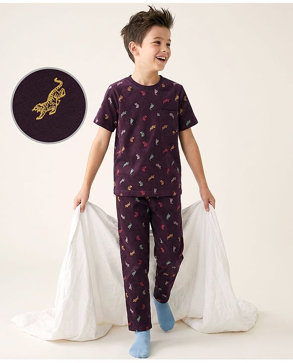 Pine Kids Cotton Knit Half Sleeves Printed Co-Ords T-Shirt & Pyjama Night Suit - Dark Red