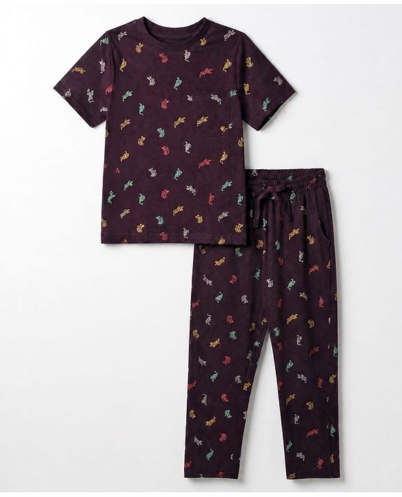 Pine Kids Cotton Knit Half Sleeves Printed Co-Ords T-Shirt & Pyjama Night Suit - Dark Red