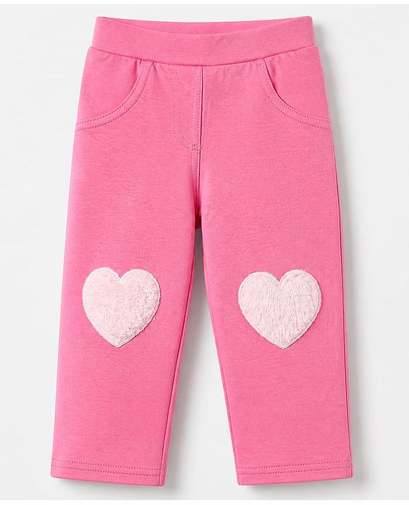 Babyhug Cotton Elastane Lycra Knit Full Length Jegging with Fur Heart Patch - Pink