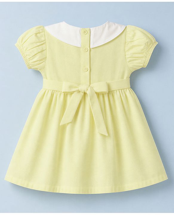 Babyhug Linen Woven Half Sleeves One Piece Dress With Floral Embroidery & Bow Applique - Yellow