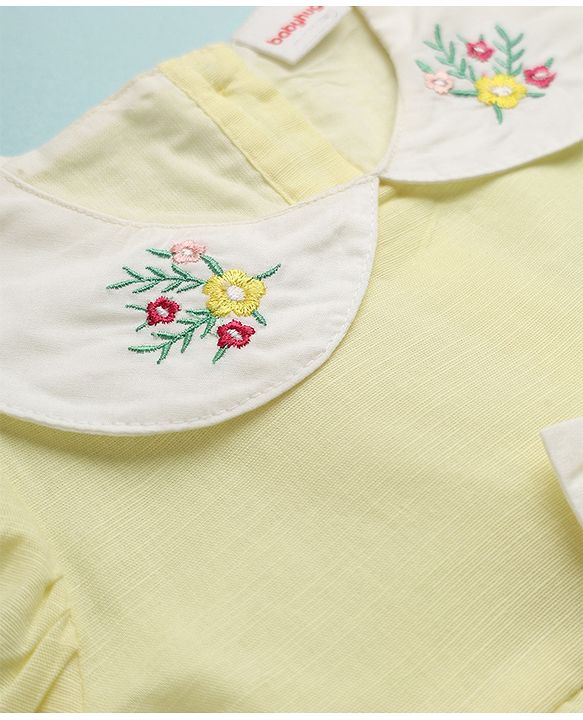 Babyhug Linen Woven Half Sleeves One Piece Dress With Floral Embroidery & Bow Applique - Yellow