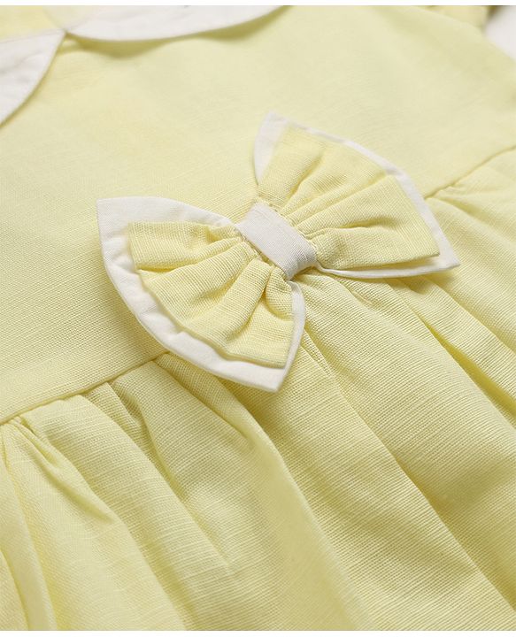 Babyhug Linen Woven Half Sleeves One Piece Dress With Floral Embroidery & Bow Applique - Yellow