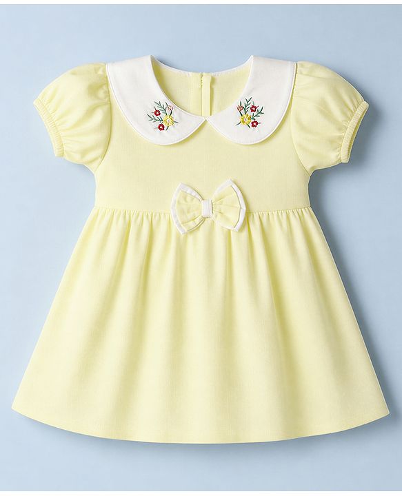 Babyhug Linen Woven Half Sleeves One Piece Dress With Floral Embroidery & Bow Applique - Yellow
