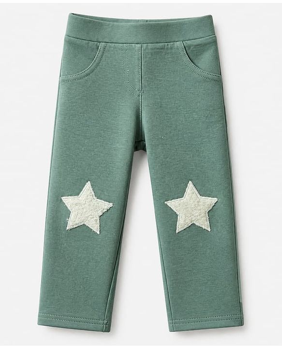 Babyhug Cotton Lycra Knit Full Length Jeggings with Star Patch - Green