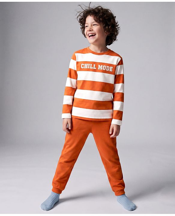 Pine Kids Cotton Knit Full Sleeves Striped T-Shirt & Pyjama Night Suit with Chill Mode Print - White
