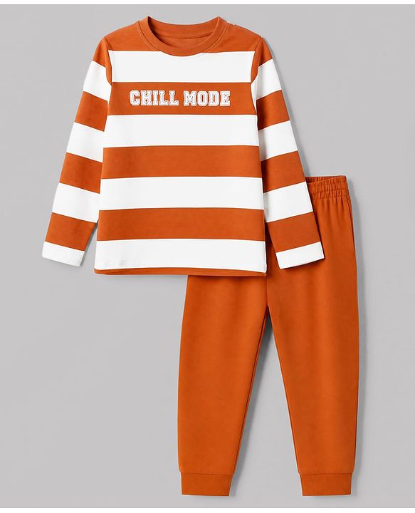 Pine Kids Cotton Knit Full Sleeves Striped T-Shirt & Pyjama Night Suit with Chill Mode Print - White