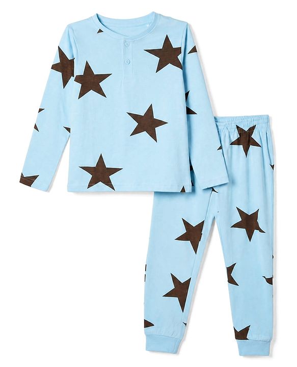 Pine Kids Cotton Knit Full Sleeves Co-Ords T-Shirt & Pyjama Night Suit with Star Print - Sky Blue