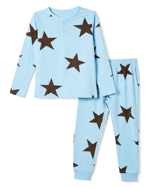 Pine Kids Cotton Knit Full Sleeves Co-Ords T-Shirt & Pyjama Night Suit with Star Print - Sky Blue