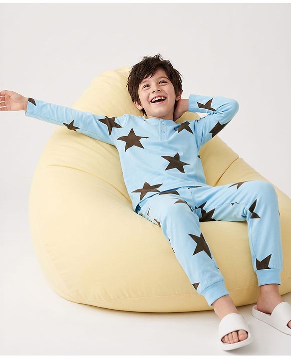 Pine Kids Cotton Knit Full Sleeves Co-Ords T-Shirt & Pyjama Night Suit with Star Print - Sky Blue