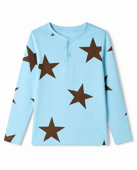 Pine Kids Cotton Knit Full Sleeves Co-Ords T-Shirt & Pyjama Night Suit with Star Print - Sky Blue