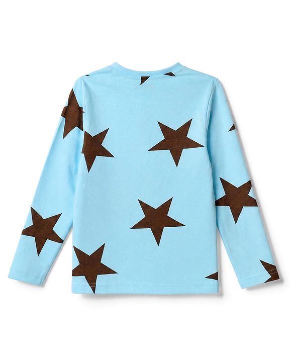 Pine Kids Cotton Knit Full Sleeves Co-Ords T-Shirt & Pyjama Night Suit with Star Print - Sky Blue