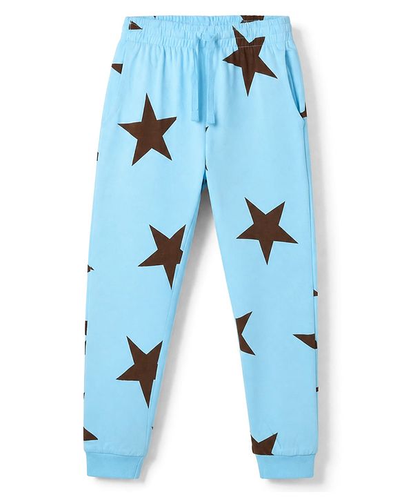 Pine Kids Cotton Knit Full Sleeves Co-Ords T-Shirt & Pyjama Night Suit with Star Print - Sky Blue