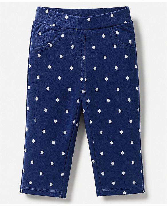 Babyhug Cotton Knit Full Length Jeggings with Polka Dots Print - Navy Blue