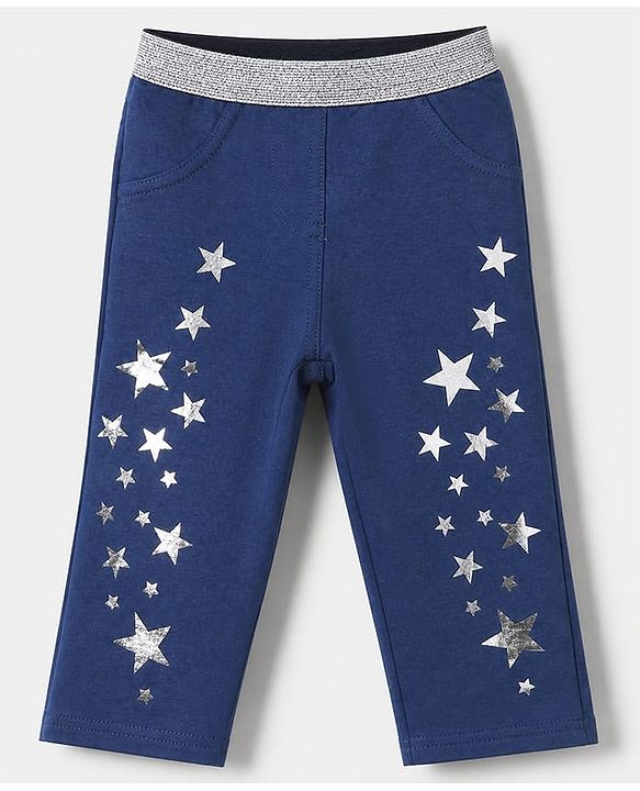 Babyhug Cotton Lycra Elastane Knit Full Length Jegging with Star Foil Print - Navy Blue