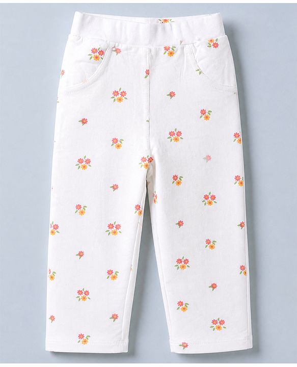 Babyhug Cotton Knit Full Length Jeggings With Floral Print in White