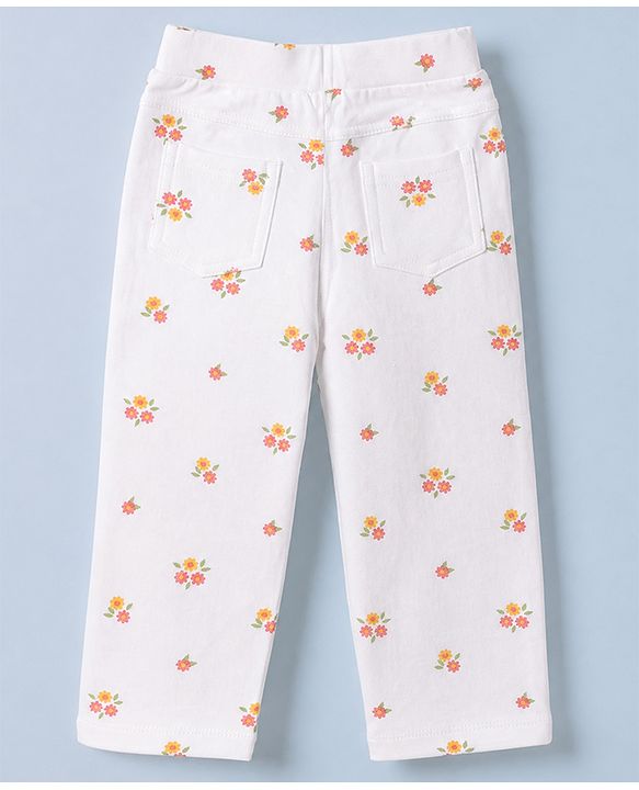 Babyhug Cotton Knit Full Length Jeggings With Floral Print in White