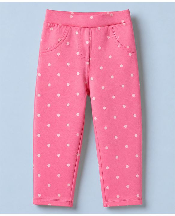 Babyhug Cotton Knit Full Length Jeggings with Polka Dots Print - Fuschia