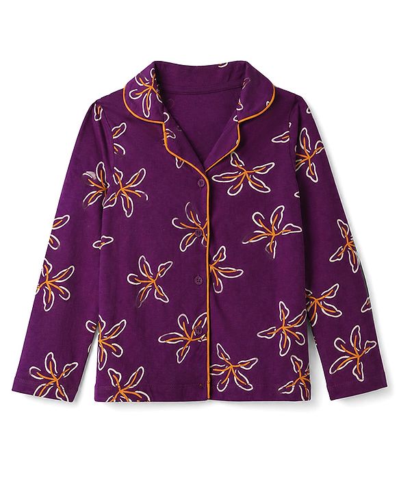 Pine Kids 100% Cotton Knit Full Sleeves Shirt & Pyjama Co-Ords Set With Floral Print - Purple