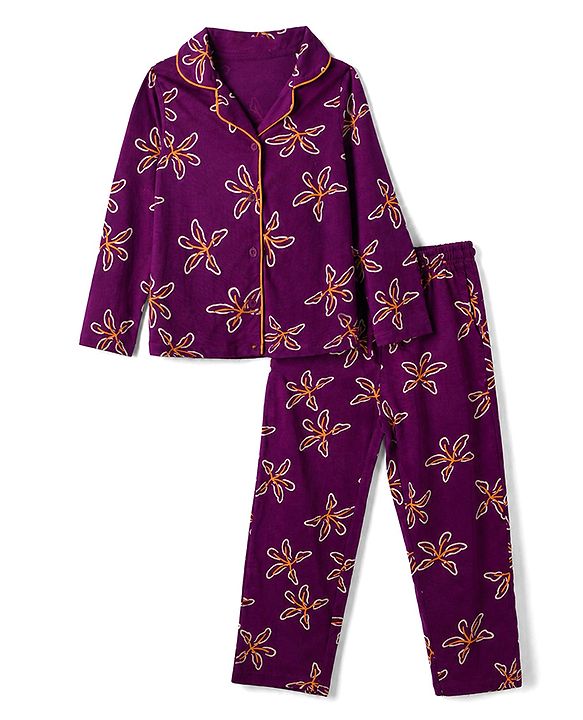 Pine Kids 100% Cotton Knit Full Sleeves Shirt & Pyjama Co-Ords Set With Floral Print - Purple
