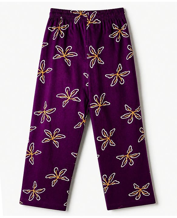 Pine Kids 100% Cotton Knit Full Sleeves Shirt & Pyjama Co-Ords Set With Floral Print - Purple