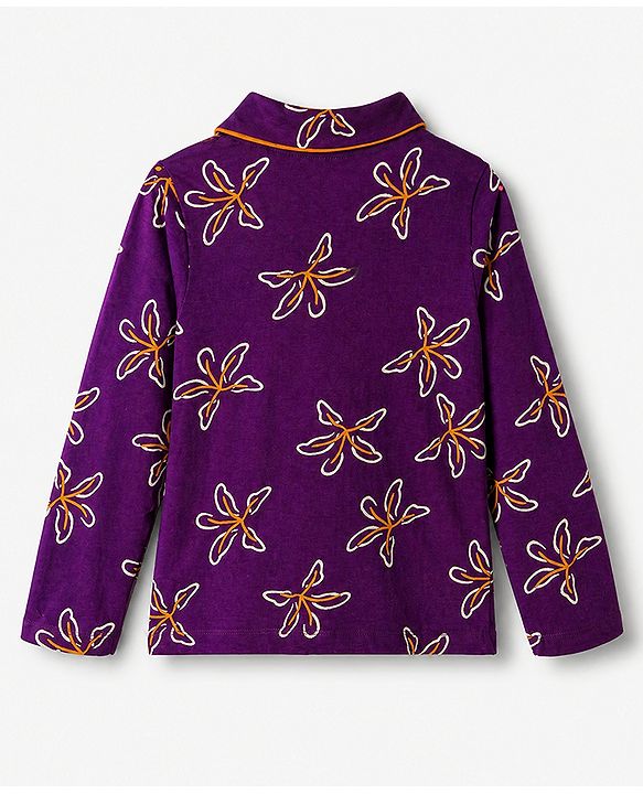 Pine Kids 100% Cotton Knit Full Sleeves Shirt & Pyjama Co-Ords Set With Floral Print - Purple
