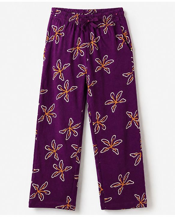 Pine Kids 100% Cotton Knit Full Sleeves Shirt & Pyjama Co-Ords Set With Floral Print - Purple