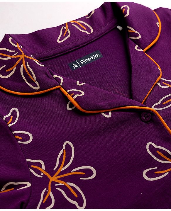 Pine Kids 100% Cotton Knit Full Sleeves Shirt & Pyjama Co-Ords Set With Floral Print - Purple