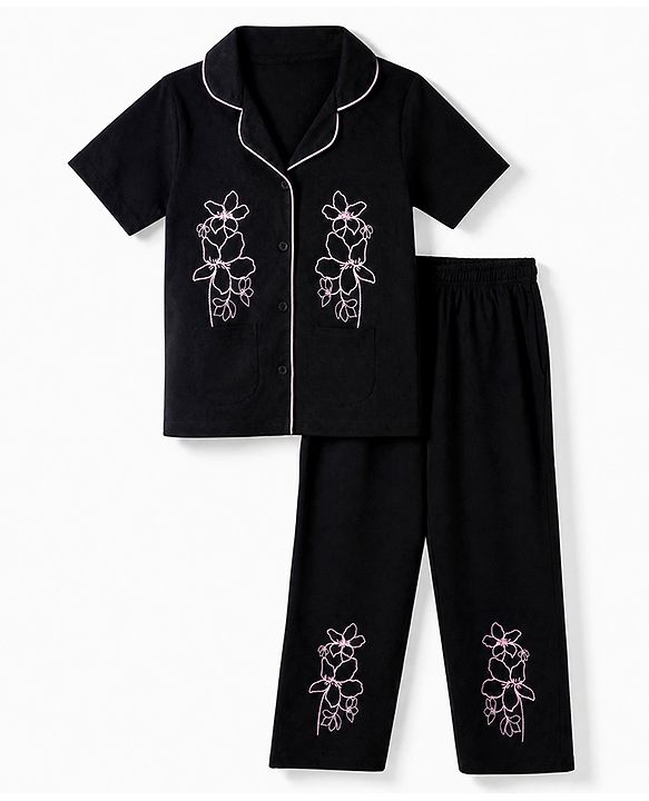 Pine Kids 100% Cotton Bio Washed Single Jersery 180 Gsm Knit Co-ord Shirt & Pajama Night Suit with Floral Print - Black