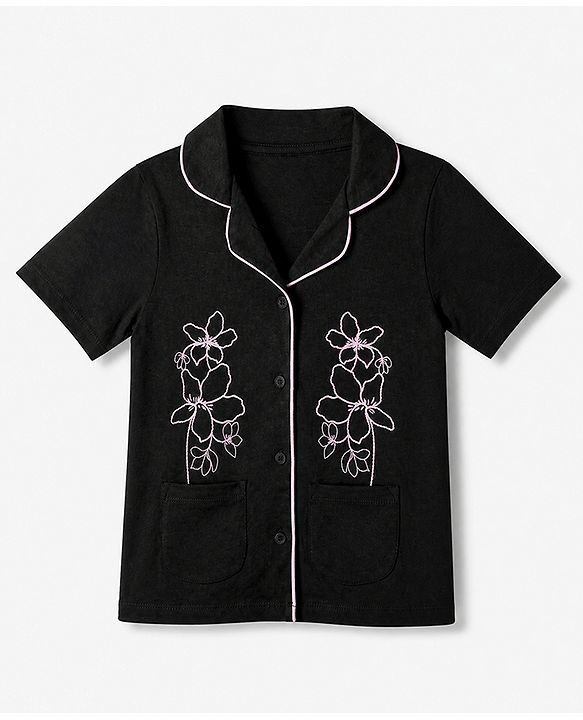Pine Kids 100% Cotton Bio Washed Single Jersery 180 Gsm Knit Co-ord Shirt & Pajama Night Suit with Floral Print - Black