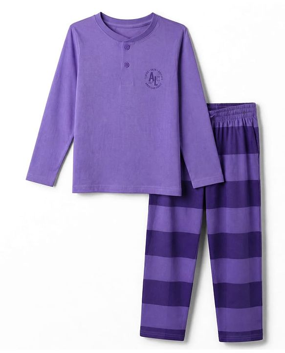 Pine Kids Cotton Knit Full Sleeves T-Shirt & Striped Pyjama Night Suit - Purple