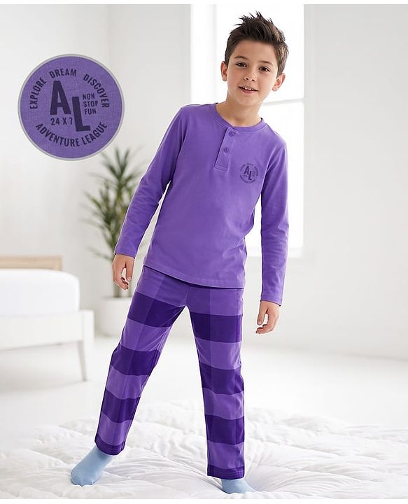 Pine Kids Cotton Knit Full Sleeves T-Shirt & Striped Pyjama Night Suit - Purple