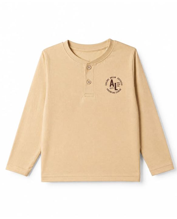 Pine Kids 100% Cotton Bio Washed Single Jersery 180 Gsm Knit Full Sleeves T-Shirt & Pajama Night Suit with Adventure League Text Print & Checks - Beige
