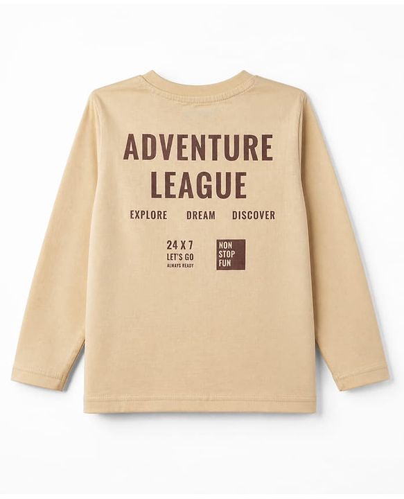 Pine Kids 100% Cotton Bio Washed Single Jersery 180 Gsm Knit Full Sleeves T-Shirt & Pajama Night Suit with Adventure League Text Print & Checks - Beige