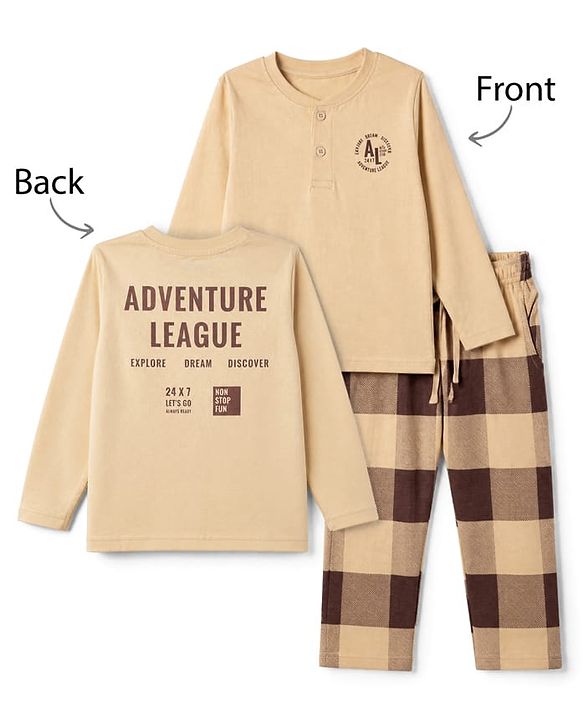 Pine Kids 100% Cotton Bio Washed Single Jersery 180 Gsm Knit Full Sleeves T-Shirt & Pajama Night Suit with Adventure League Text Print & Checks - Beige