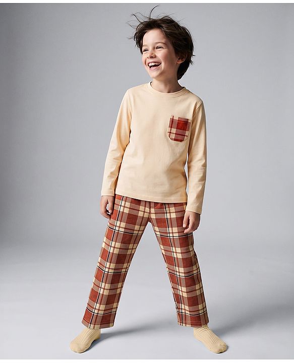 Pine Kids Cotton Knit Full Sleeves T-Shirt & Checks Pyjama Night Suit - Beige