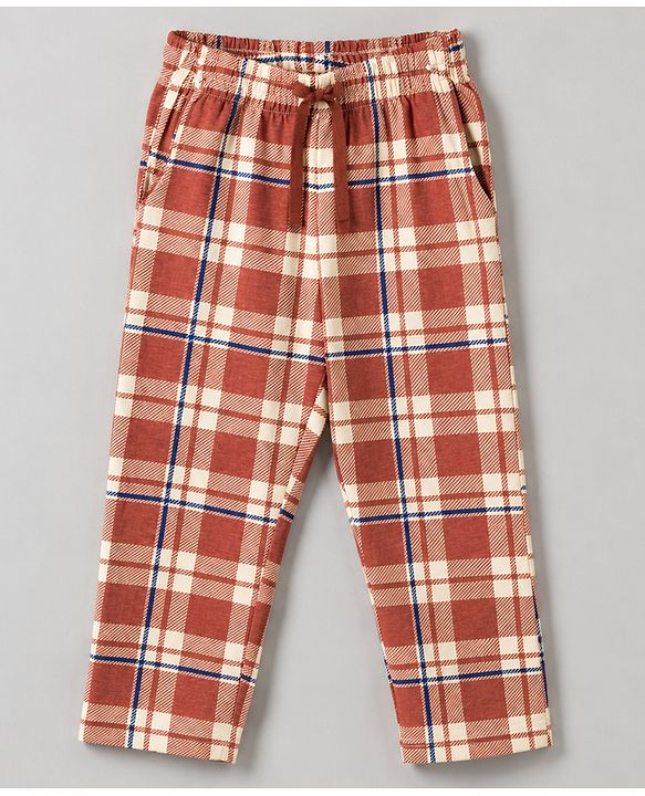 Pine Kids Cotton Knit Full Sleeves T-Shirt & Checks Pyjama Night Suit - Beige