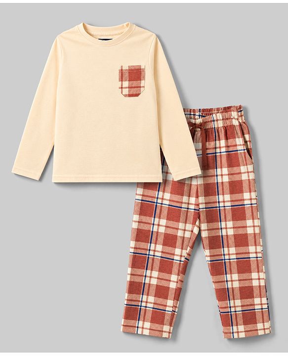 Pine Kids Cotton Knit Full Sleeves T-Shirt & Checks Pyjama Night Suit - Beige