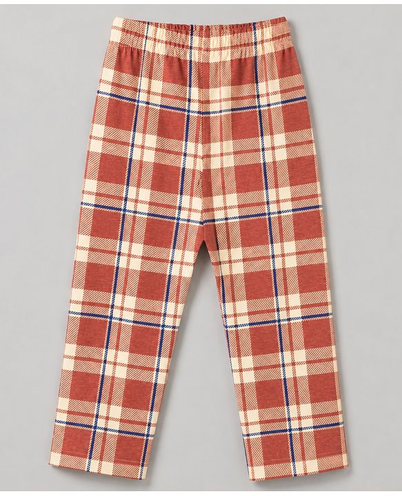 Pine Kids Cotton Knit Full Sleeves T-Shirt & Checks Pyjama Night Suit - Beige