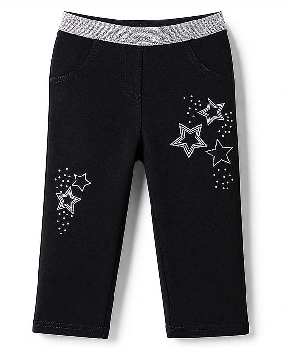 Babyhug Cotton Lycra Elastane Knit Full Length Jegging with Star Foil Print - Black