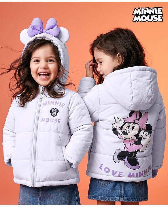 Babyhug Disney Woven Full Sleeves Padded Winter Jacket with Minnie Mouse Graphic at Front & Back & Ear Applique - Lavender
