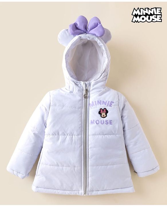 Babyhug Disney Woven Full Sleeves Padded Winter Jacket with Minnie Mouse Graphic at Front & Back & Ear Applique - Lavender