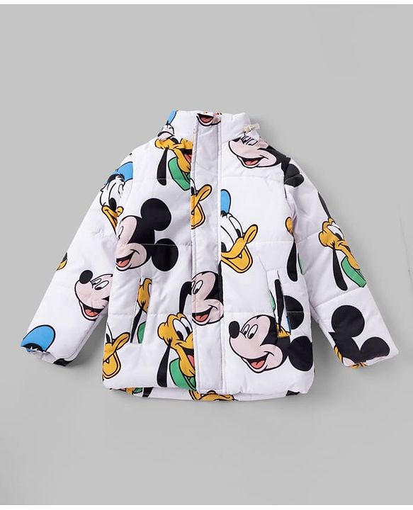 Babyhug Disney Woven Full Sleeves Padded Hooded Jacket Mickey  Mouse Print - White