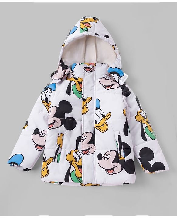 Babyhug Disney Woven Full Sleeves Padded Hooded Jacket Mickey  Mouse Print - White